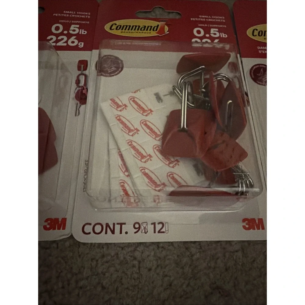 3M Command Red Small Wire Hooks -9 Hooks, 12 Strips - holds .5lbs Lot of 3